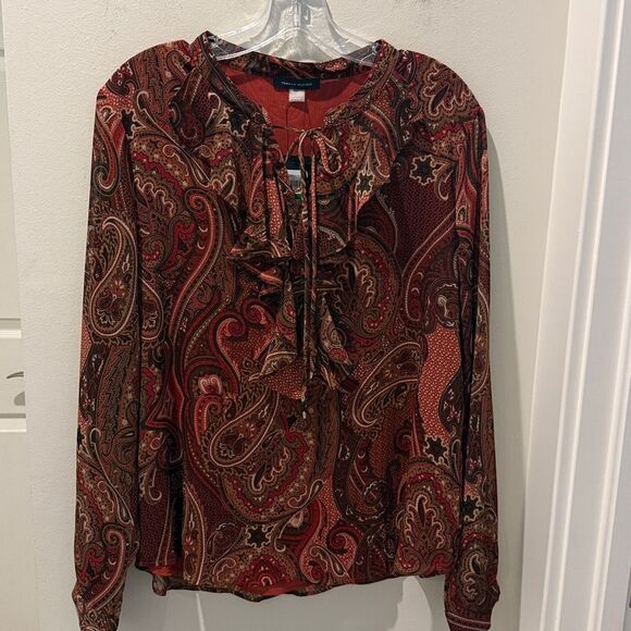 Tommy Hilfiger Red and Brown Paisley Blouse with Ruffle details size Large - Picture 1 of 9